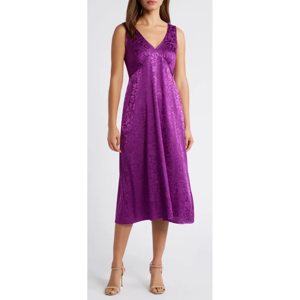 Connected‎ Apparel Purple Damask Jacquard V-Neck Midi Dress Size 4 NEW
